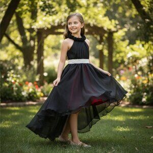 Custom Black & Red Chiffon Dress ✦ Girls 6 ✦ Handmade Roses Sparkle Sash Formal